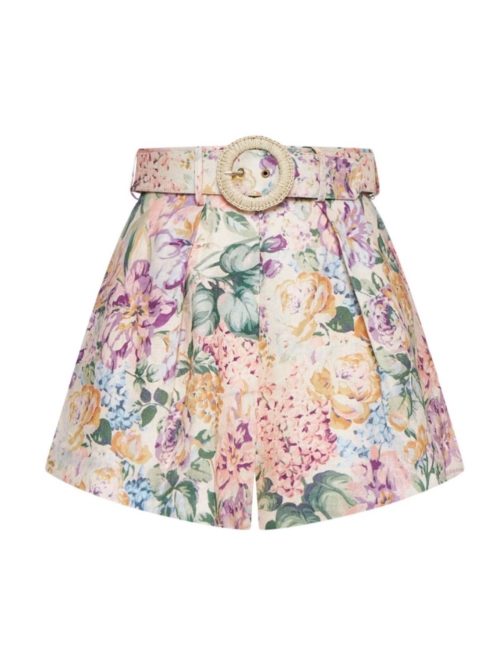 Zimmermann Pastel Floral High-Waist Pleated Shorts with Belt